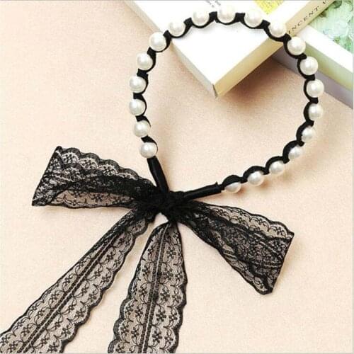 Women Elegant Lace Pearl Long Ribbon Flower Hairbands Hair Ornament Lady Headbands Girls Headwear Hair Accessories