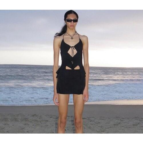 2021 Women Summer Tank Tops Solid Color Hollow-Out Lacing Halter-Neck Sleeveless Vest for Girls, White/Black