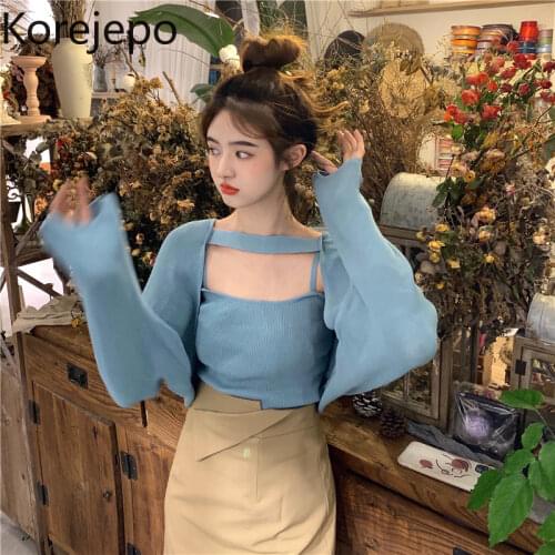 Korejepo Women 2 Piece Set 2021 Autumn Korean Chic Gentle Style Blue Square Collar Long Sleeve Sweater Short Top Two-piece Suit