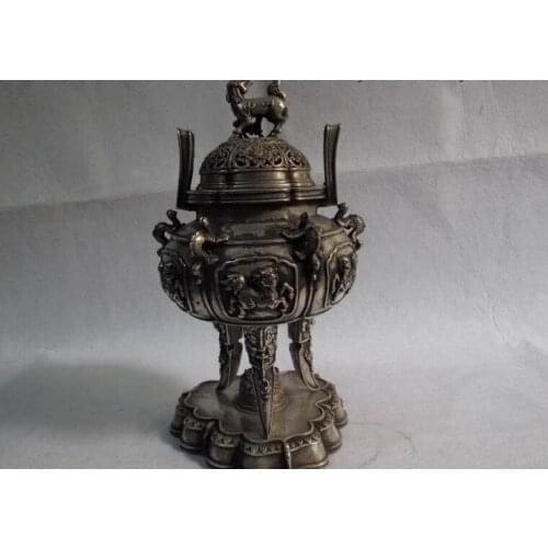 12 Tibet Buddhism white bronze silver foo dog beast Dragon censer incense burner