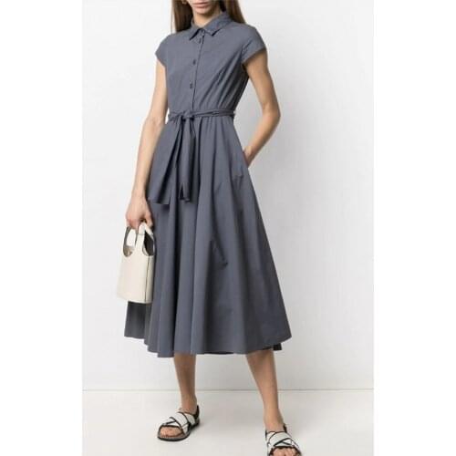 2021 New Summer Dress Turn Down Collar Single Breasted Knee Length Dresses Gray White Black With Sashes Quality Women Dress