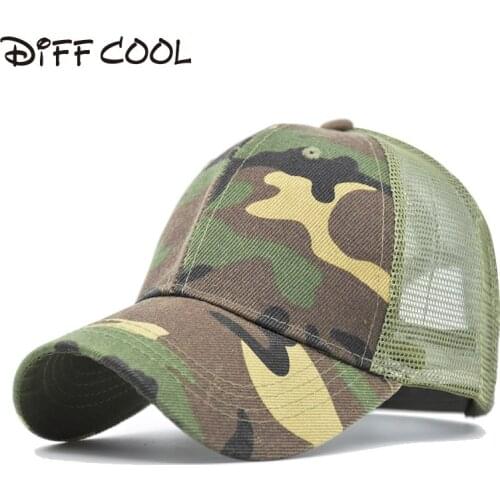 [DIFF COOL]Womens ponytail baseball cap mens camouflage cap summer mesh camouflage casual sun hat green