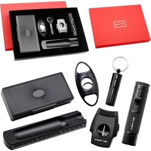 Custom Logo Support Cigar Set 6 Piece Puncher Ashtray Tube Lighter Humidor Case Cutter Accessories Smoking Gift 2 Colors Choice