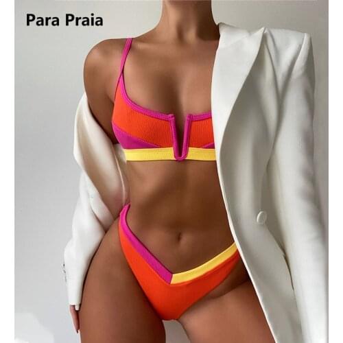 Para Praia Sexy V Neck Bikini 2021 Thong Bathing Suit for Women Patchwork Brazilian Bikini Set Halter Swimwear Push Up Swimsuit