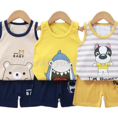 2 Pieces/Set 6 9 12 18 24M Summer Kids Clothes Boys Girls Cotton Cute Cartoon Sleeveless Vests Short Pant Clothing Sets 3 4 5 6T