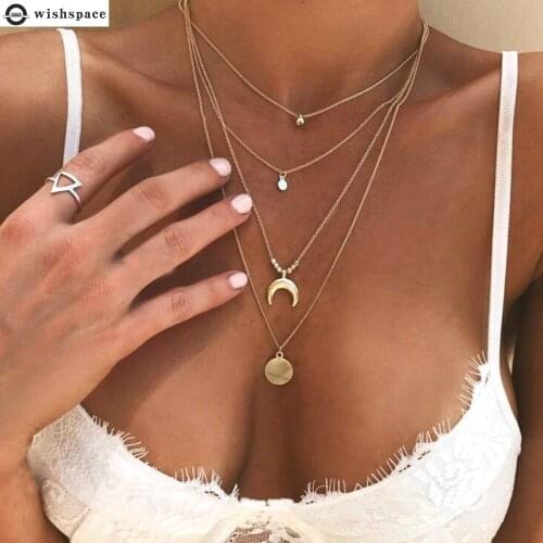 Ms fashion new multi-layer wafer shells crescent pendant alloy necklace, jewelry wholesale
