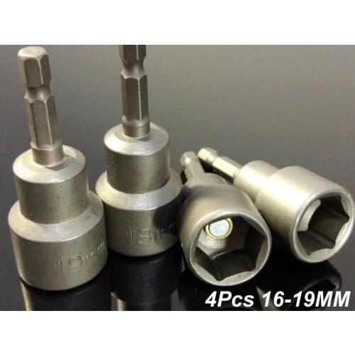 4Pcs Set 16-19MM Magnetic Hex Sleeve/Socket Nozzles Nut Driver Set Hexagon Screwdriver Adaptor 1/4" Hex Shank Power Hand Tools