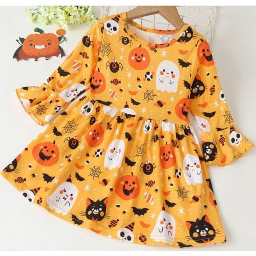 New Cute Halloween Clothes Winter Dress for Girl Cotton Long Flare Sleeve Baby Girl Dress Festival Party Baby Girl Clothes 1-5Y