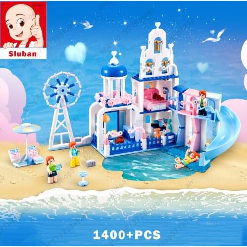 New Happy SLuban M38-B0866 Aegean Sea Couple Casual Coffee House Beach toy Childrens Puzzle Assembled Building Block Toys Gifts