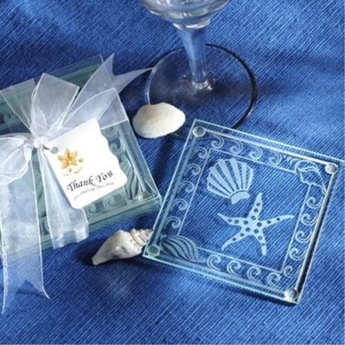 Promotion Sale Wedding Favors Shell and Starfish Frosted Glass Coaster Set (2PCS/SET)