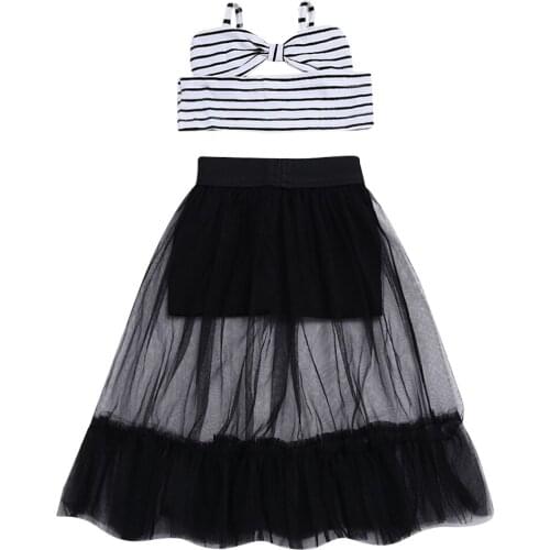 Little Girls Cute Striped Clothes Set Sleeveless Bow Crop Top Shirts Tulle Lace Skirt 2PCs Kids Baby Girls Outfits 6M-5T
