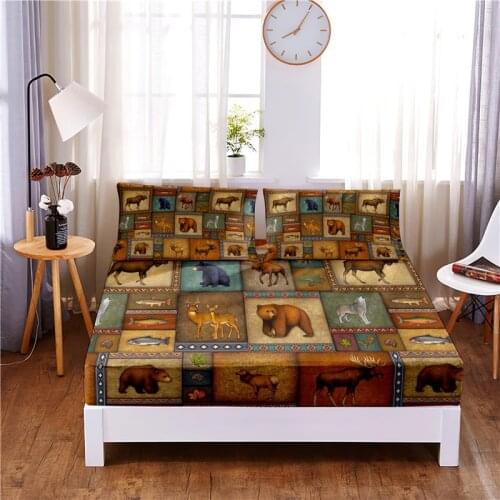 Brown Bear Digital Printed 3pc Polyester Fitted Sheet Mattress Cover Four Corners with Elastic Band Bed Sheet Pillowcases