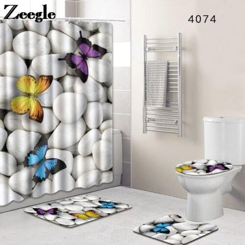 Printed Stone Shower Curtain with Bath Mat Set Bathroom Floor Mat Microfiber Toilet Seat Cover Foot Mat Non-slip Shower Doormat