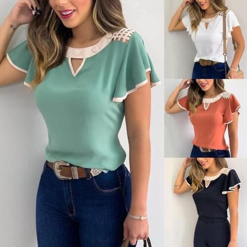 Plus size 4XL Summer Sexy Women Fashion Short Ruffled Sleeve Hollow Out Shoulder Office Blouse T-shirt Top Women Casual T-shirt