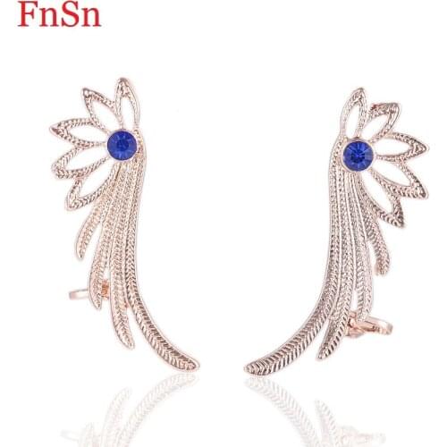 Fnsn 2017 New Fashion Clip Earrings Jewelry Gold Feather Crystal Clip Earring For Women Zinc Alloy Clip Earrings Hot Wholesale