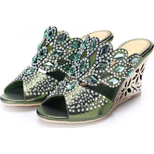 Women Wedge High Heel Slippers Peep Toe Slippers 8cm Heel Hollow Rhinestone Hollow Heel Slippers Diamonds High Heel Slippers