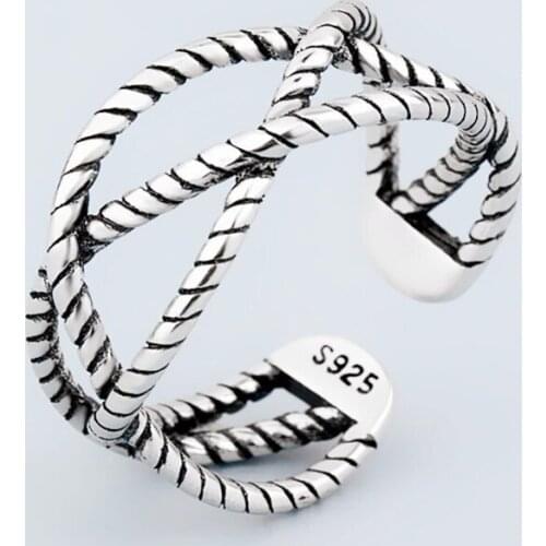 Sole Memory Vintage Weave Twist Rope Multilayer Cross 925 Sterling Silver Female Resizable Opening Rings SRI512