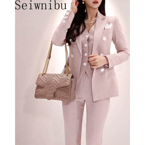 Seiwnibu Women 3 Piece Set 2019 Spring Autumn Pink stripe Blazer Double Breasted Coat+Vest+Office OL Trousers Pant Suits
