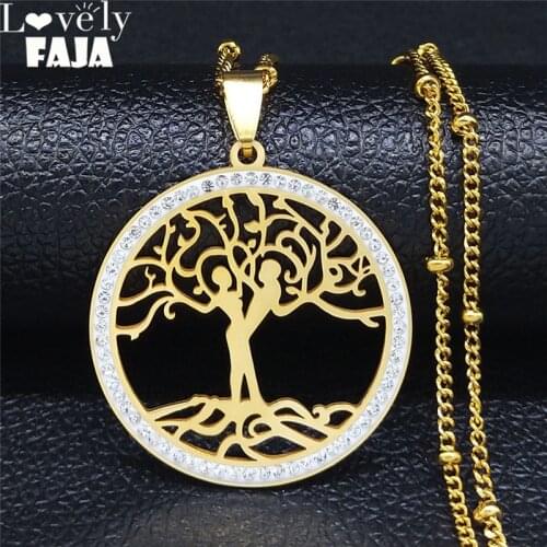 Women and Men Love Crystal Tree of Life Stainless Steel Women Gold Color Charm Necklace Jewelry Christma Gift bijoux femme NXS03