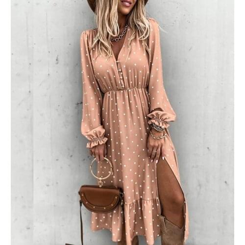 Women Dot Print Long Sleeve Casual Mid-Calf Dress High Slit Button Design Ruffles Dress Autumn