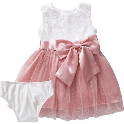 2Pcs Lace Baby Girl Dress First Birthday Dress For Girl Christening Big Bow Party Wedding Princess Dresses with Panty 3-24 Month