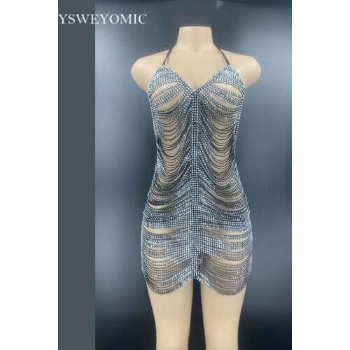 2020 New Style Black Silver Rhinestone Chain Short Dress Bar Prom Women Dancer Backless Hollow Outfit Birthday Celebrate Dress
