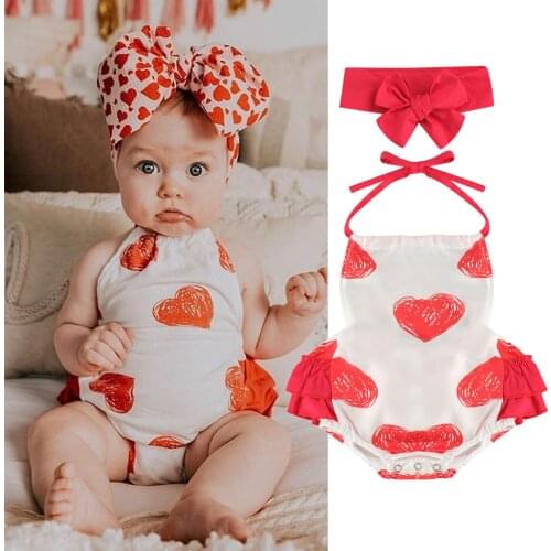 2021 Spring Summer Baby Girls Valentines Day Bodysuit Toddler Heart Print Backless Jumpsuits + Headband 0-24Months