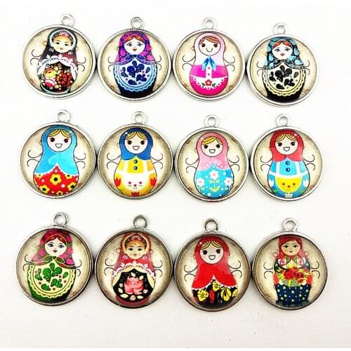 30pcs Matryoshka doll,Russian Dolls Image Glass Cabochons with Alloy Base Settings for earrings, key chain,bracelets making