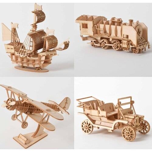3D Wooden Puzzle Laser Cutting Biplane Car Train Sailboat Assembly Manual Building Blocks Model Kits Desk Decoration Toy Gift