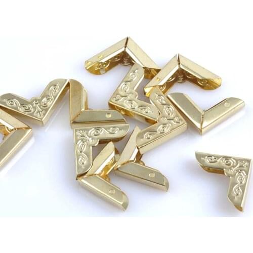 40Pcs Gold Metal Book Corner Trilateral Albums Menus Folders Flower Printed Protectors Decor Supplies 20x20x4mm CP1061