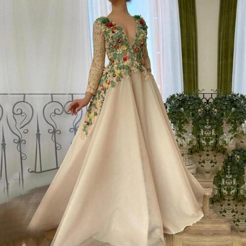 Eightale Champagne Evening Dress V-Neck Appliques Long Sleeves A-Line Tulle Formal Flowers Dubai Arabic Prom Gown Party Dress
