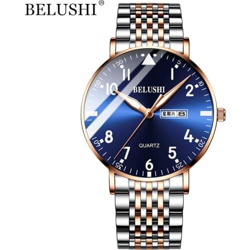 BELUSHI Men Quartz Watch Japan Movt Business Casual Wristwatch Calendar Week Display Waterproof Watches Full Stainless Steel
