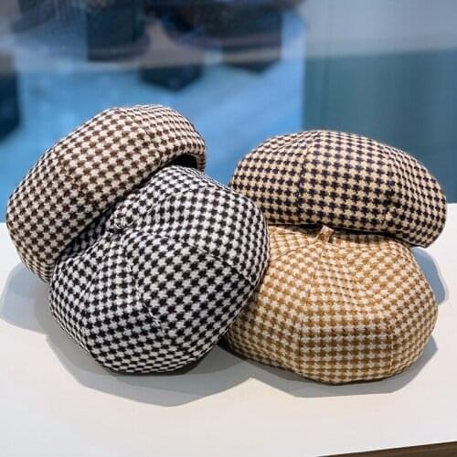 Beret Autumn and Winter England Retro Wild Japanese Sweet Plaid Painter Hat Spring Octagonal Womens Hat