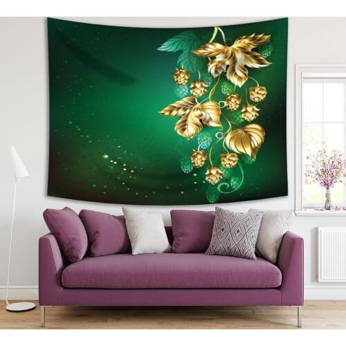 Tapestry Gold Hop Branch Leaves on Green background Nature Stylish Floral Pattern Artwork Printed