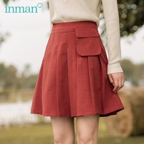 INMAN Autumn A-line Skirts Pocket Zippers Slim High-waisted Retro Skirts With Peated Skirts