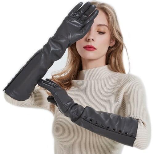 Kimobaa lady open buttons real sheep leather elbow gloves dark gray