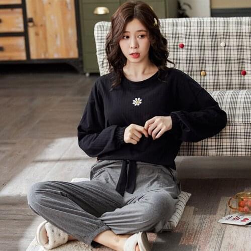Korean Students Sleepwear Set New Long Sleeve Trousers Cotton Pajamas Autumn Winter Loose Nightwear Women Pijamas Suit M-3XL