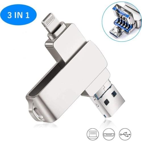 Metal OTG Usb Flash Drive 256GB 128GB 64GB 32GB 16GB For iPhone 3 in 1 Lightning HD USB Flash 3.0 Pendrive Cle Memory Disk On Ky