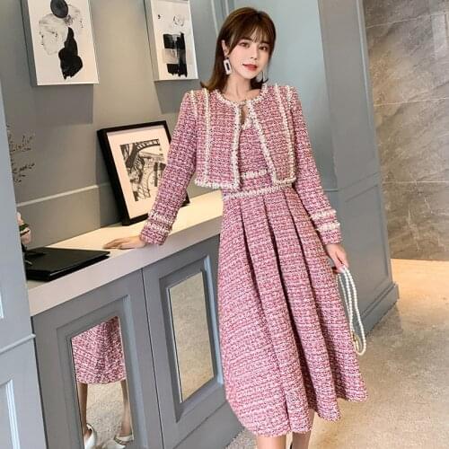 Autumn Dress suit fashion womens Tweed short coat and dress two-piece female autumn winter Womens Sets 2 piece set women