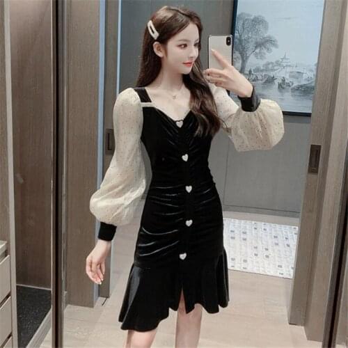 Hepburn style long-sleeved ruffled dress slim waist retro fishtail bellflower dress female V neck buttons vintage dresses