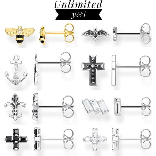 Cross Bee Bat Anchor Lily Stud Earrings 925 Sterling Silver Ear Stud Thomas Style High quality Jewelry for Women Men Wholesale