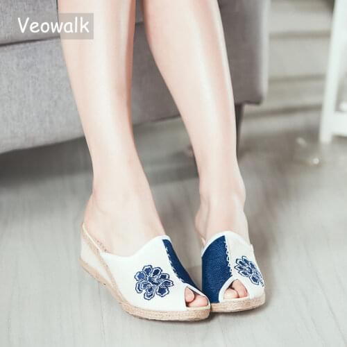 Veowalk Handmade Women Linen Cotton Wedge Slides Slippers Comfortable 6cm Heel Peep Toe Espadrilles Sliders Summer Ladies Shoes