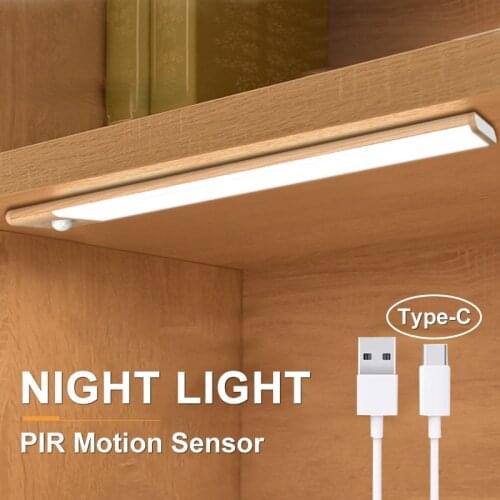 Wood Grain Ultra-thin LED Motion Sensor Under Cabinet Lights Type-C USB Charging Night Lamp For Kitchen Closet Wardrobe Corridor