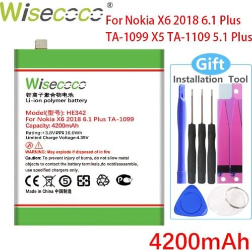 WISECOCO 4200mAh HE342 Battery For Nokia X6 2018 6.1 Plus TA-1099 Mobile Phone With Tracking Number