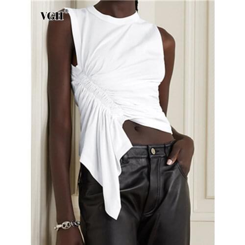 VGH Asymmetrical White Ruched Slim T Shirt For Women O Neck Sleeveless Casual Straight T Shirts Female 2021 Summer Fashion Style