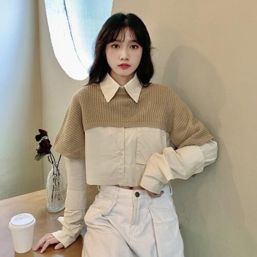 Ladies Elegant Blouse Long Sleeve Tops 2020 Autumn Two Pieces Top Shirts With Knit Blanket Shawl Women Button Down Blouses