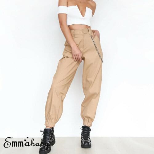 Hot New Womens Cargo Trousers Pants Solid Punk Loose Long Soft Pants With Chain Ladies Casual Pant