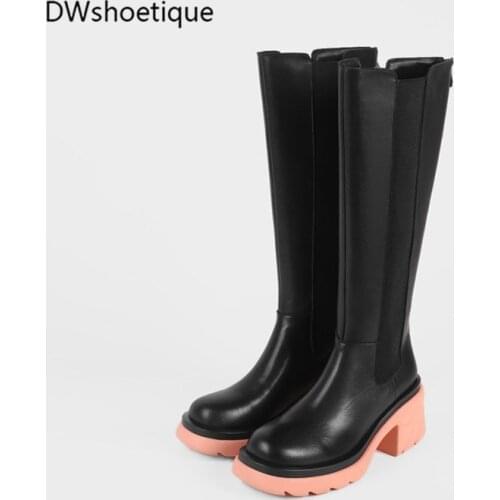 Platform genuine leather women knee boots chunky heel outside women long boots