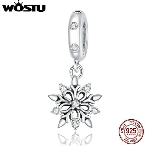 WOSTU New 925 Sterling Silver Crystal Snowflake silver Charm for Original Bracelet Women DIY Beads Jewelry Making DXC1649