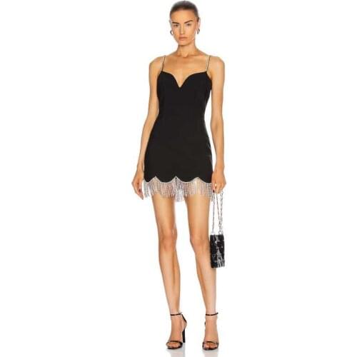 Free Shipping Wholesale Womens Black White Spaghetti Strap Tassel Diamond Sexy Club Celebrity Cocktail Party Bandage Dress